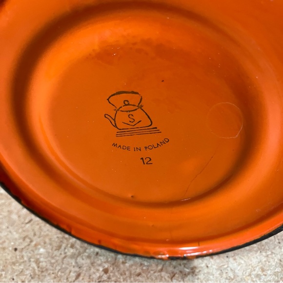 Vintage Enamelware 11" Orange Milk Jug Can w/ Lid & Brown Wood Handle Poland - Picture 7 of 10